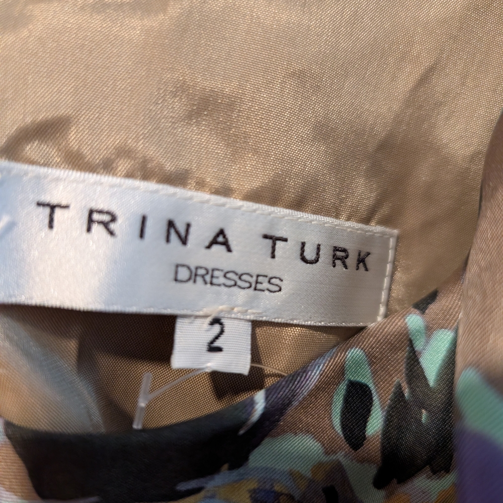 Trina Turk Silk Taupe One-Shoulder Floral Bow Dress Size 8 - Picture 3 of 8